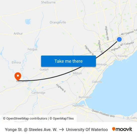 Yonge St. @ Steeles Ave. W. to University Of Waterloo map