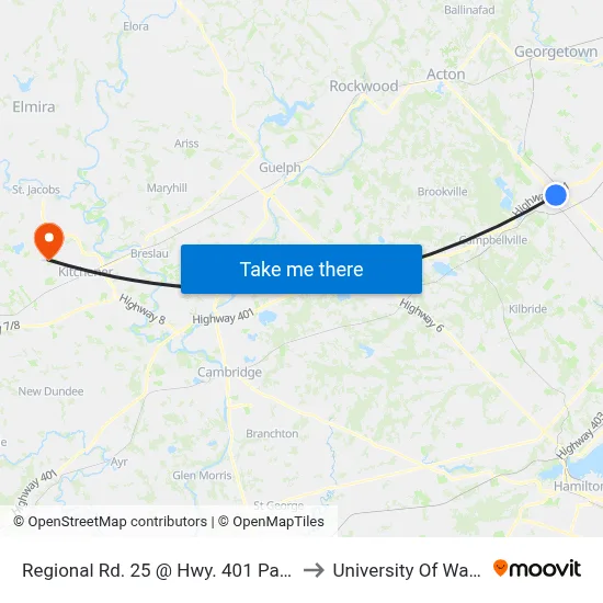 Regional Rd. 25 @ Hwy. 401 Park & Ride to University Of Waterloo map