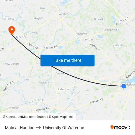 Main at Haddon to University Of Waterloo map