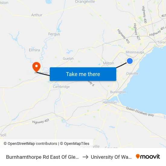 Burnhamthorpe Rd East Of Glen Erin Dr to University Of Waterloo map