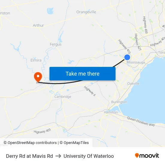 Derry Rd at Mavis Rd to University Of Waterloo map