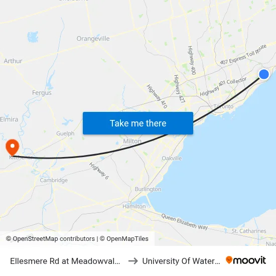 Ellesmere Rd at Meadowvale Rd to University Of Waterloo map