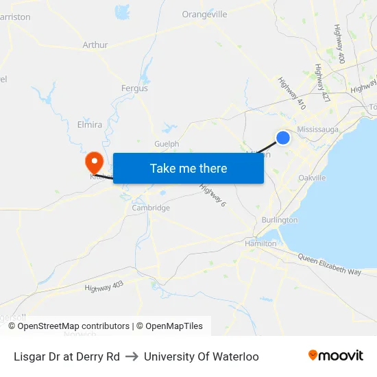 Lisgar Dr at Derry Rd to University Of Waterloo map