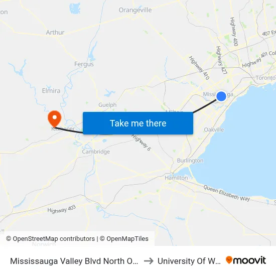 Mississauga Valley Blvd North Of Central Pky to University Of Waterloo map
