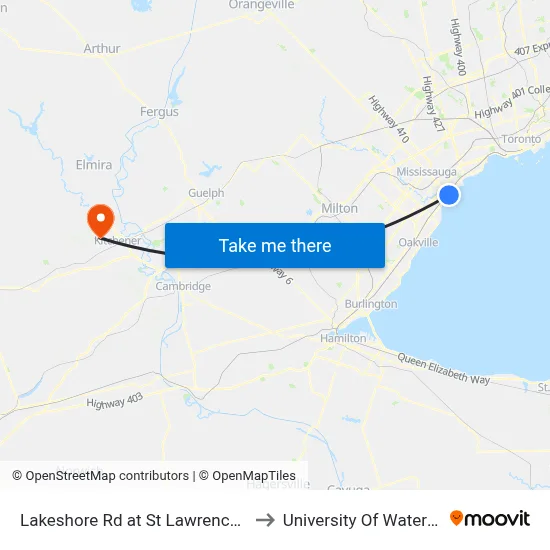 Lakeshore Rd at St Lawrence Dr to University Of Waterloo map