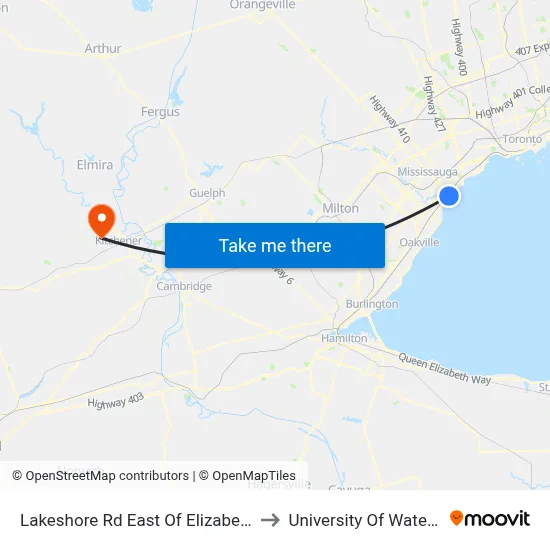 Lakeshore Rd East Of Elizabeth St to University Of Waterloo map