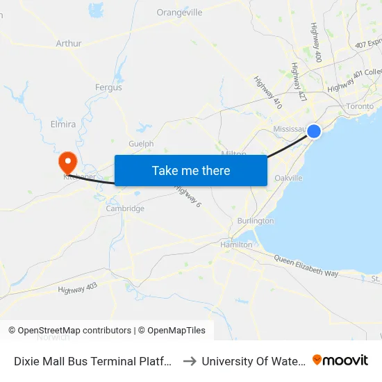 Dixie Mall Bus Terminal Platform B to University Of Waterloo map