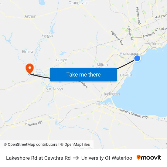 Lakeshore Rd at Cawthra Rd to University Of Waterloo map