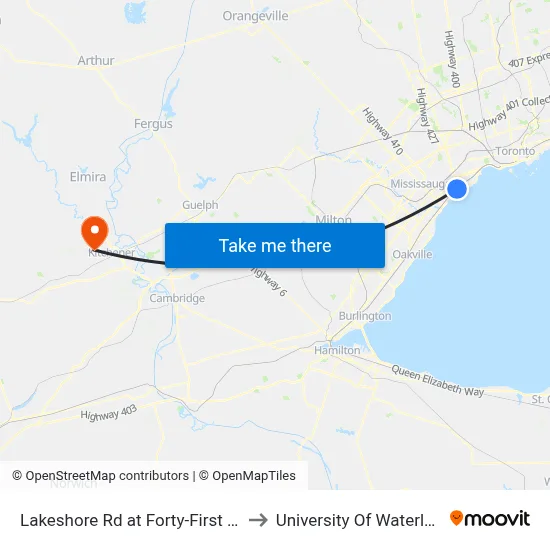 Lakeshore Rd at Forty-First St to University Of Waterloo map