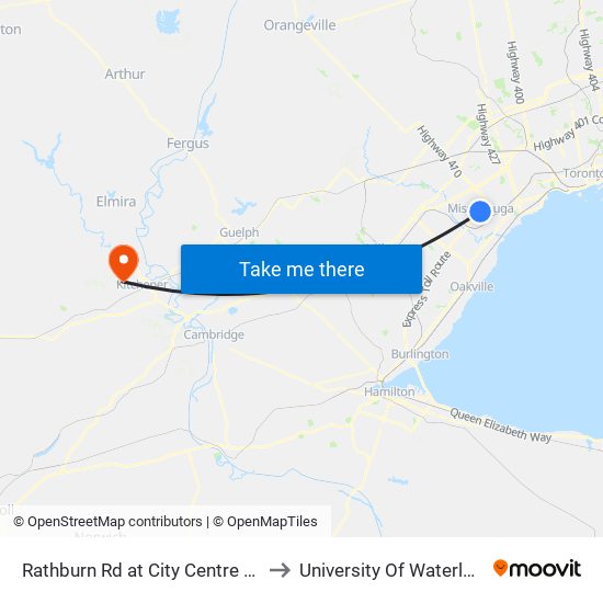 Rathburn Rd at City Centre Dr to University Of Waterloo map