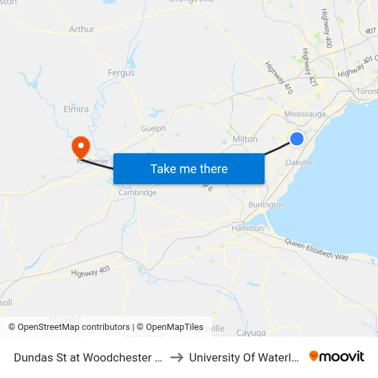Dundas St at Woodchester Dr to University Of Waterloo map