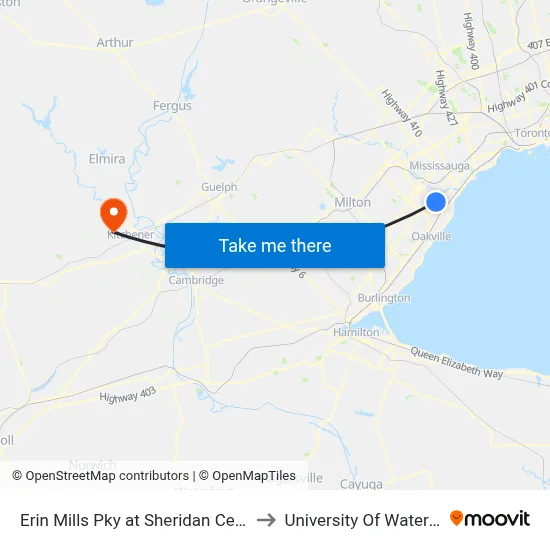 Erin Mills Pky at Sheridan Centre to University Of Waterloo map