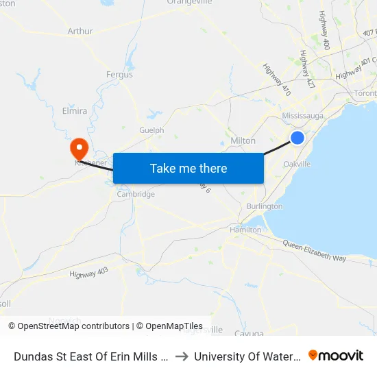 Dundas St East Of Erin Mills Pky to University Of Waterloo map