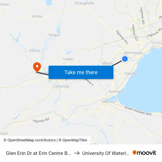 Glen Erin Dr at Erin Centre Blvd to University Of Waterloo map