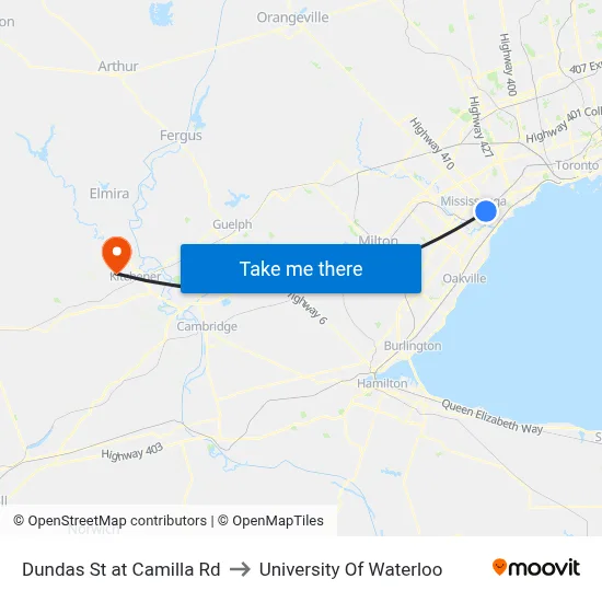 Dundas St at Camilla Rd to University Of Waterloo map