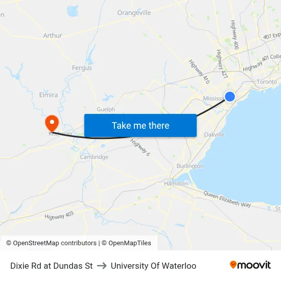 Dixie Rd at Dundas St to University Of Waterloo map