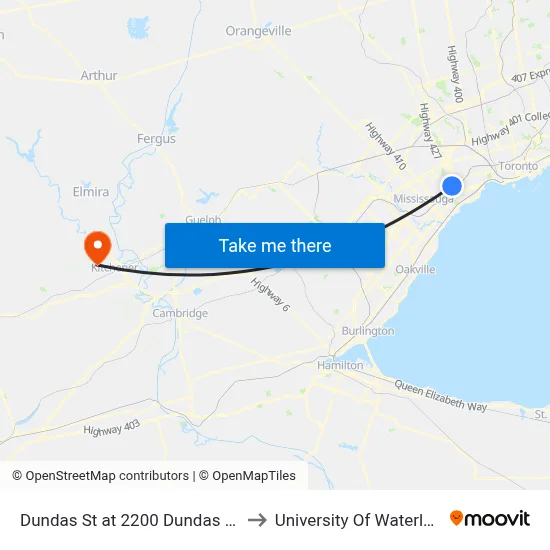 Dundas St at 2200 Dundas St to University Of Waterloo map