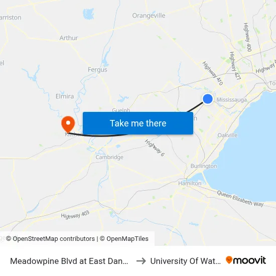 Meadowpine Blvd at East Danbro Cres to University Of Waterloo map