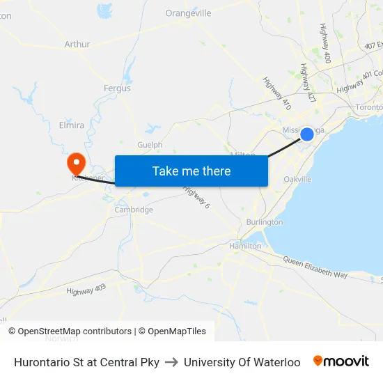 Hurontario St at Central Pky to University Of Waterloo map
