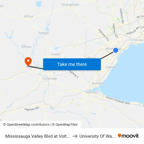 Mississauga Valley Blvd at Voltarie Cres to University Of Waterloo map