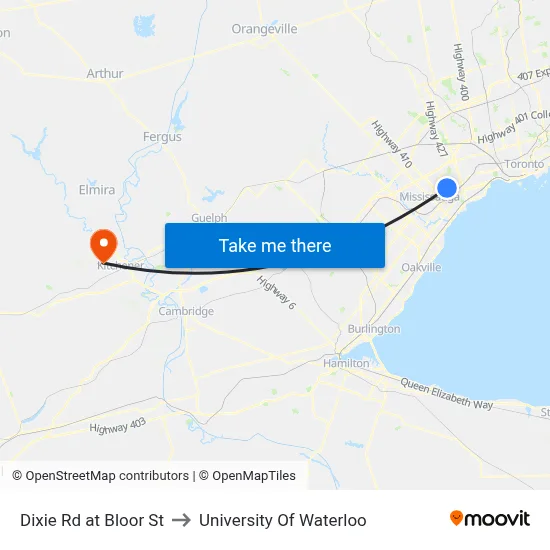Dixie Rd at Bloor St to University Of Waterloo map