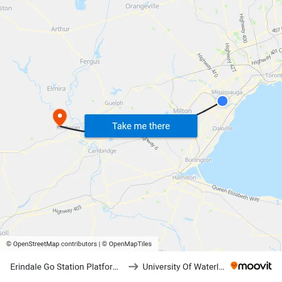 Erindale Go Station Platform 5 to University Of Waterloo map