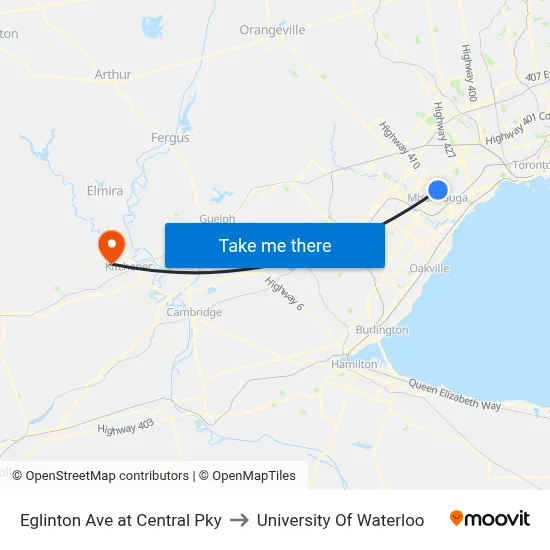 Eglinton Ave at Central Pky to University Of Waterloo map