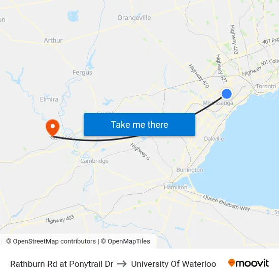 Rathburn Rd at Ponytrail Dr to University Of Waterloo map