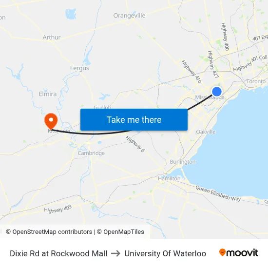 Dixie Rd at Rockwood Mall to University Of Waterloo map