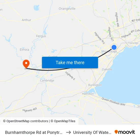 Burnhamthorpe Rd at Ponytrail Dr to University Of Waterloo map