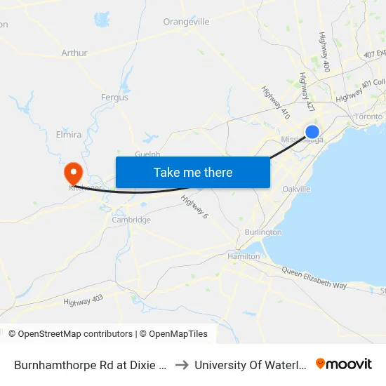 Burnhamthorpe Rd at Dixie Rd to University Of Waterloo map