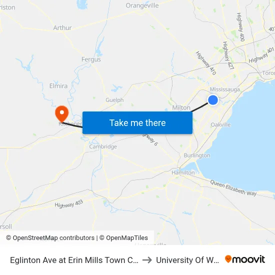 Eglinton Ave at Erin Mills Town Centre South to University Of Waterloo map