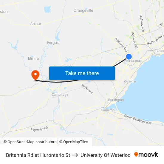 Britannia Rd at Hurontario St to University Of Waterloo map