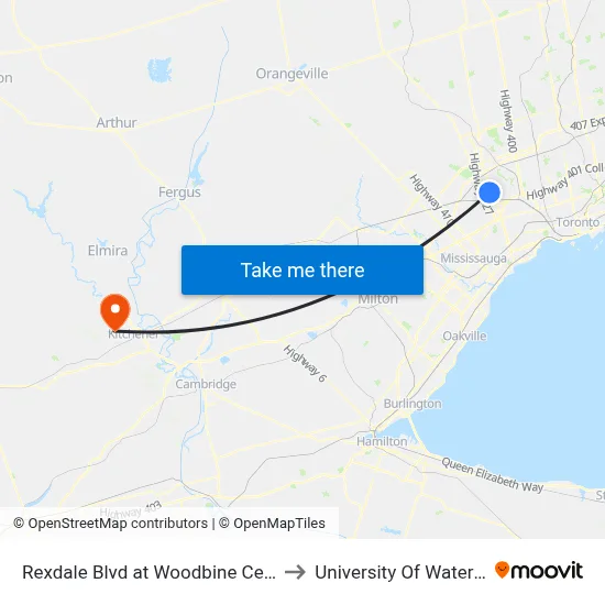 Rexdale Blvd at Woodbine Centre to University Of Waterloo map