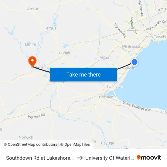Southdown Rd at Lakeshore Rd to University Of Waterloo map