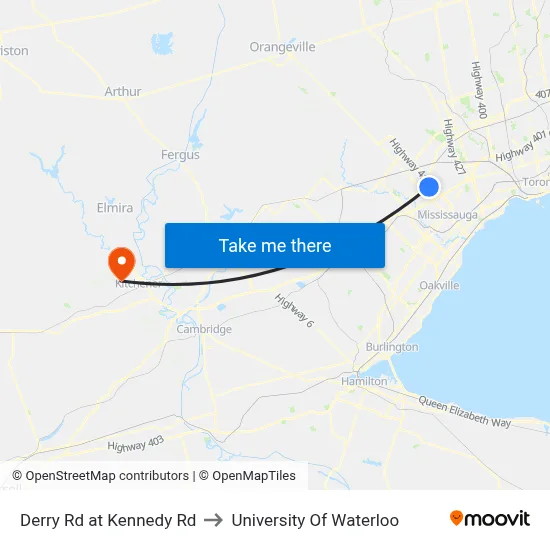 Derry Rd at Kennedy Rd to University Of Waterloo map