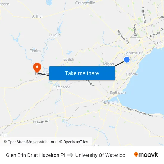 Glen Erin Dr at Hazelton Pl to University Of Waterloo map