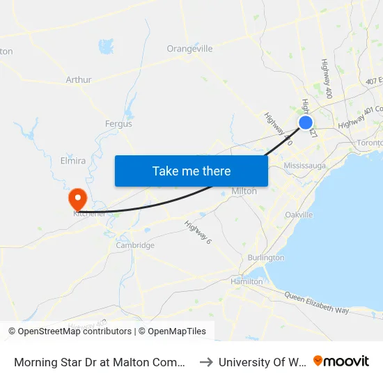 Morning Star Dr at Malton Community Centre to University Of Waterloo map