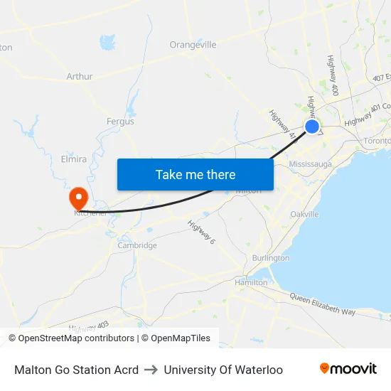 Malton Go Station Acrd to University Of Waterloo map