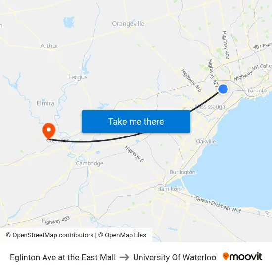 Eglinton Ave at the East Mall to University Of Waterloo map