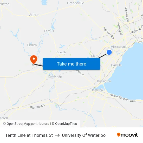 Tenth Line at Thomas St to University Of Waterloo map