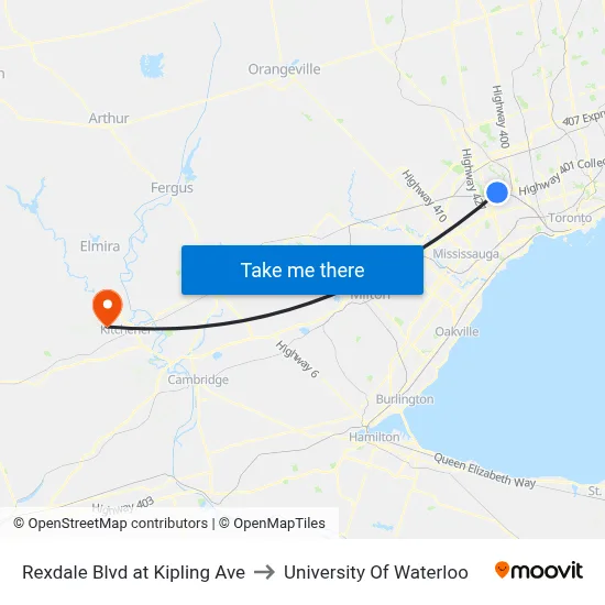 Rexdale Blvd at Kipling Ave to University Of Waterloo map