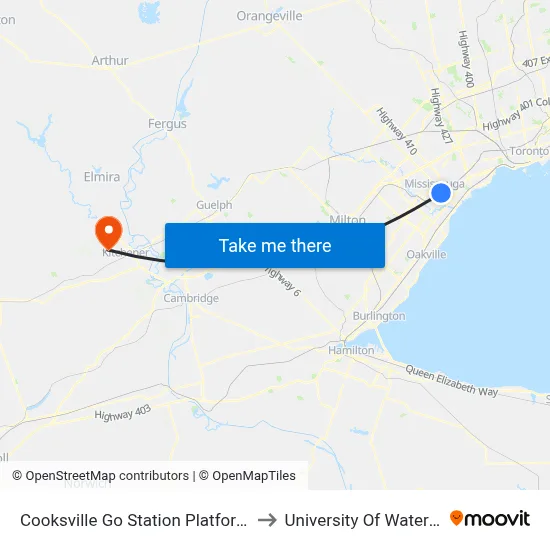 Cooksville Go Station Platform 4 to University Of Waterloo map