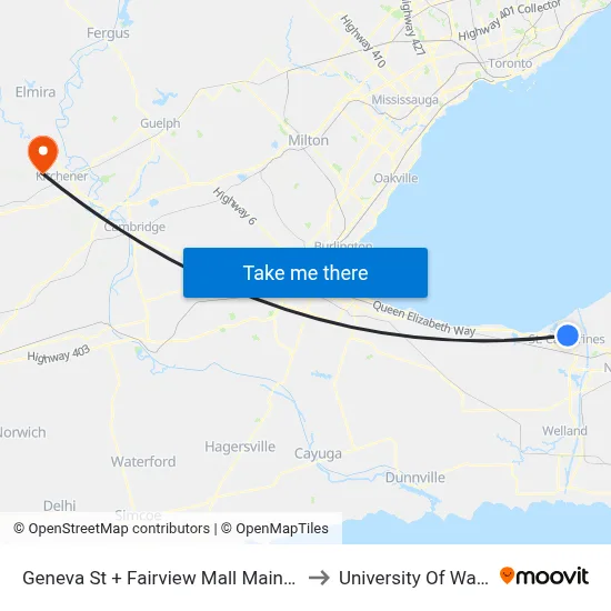 Geneva St + Fairview Mall Main Entrance to University Of Waterloo map