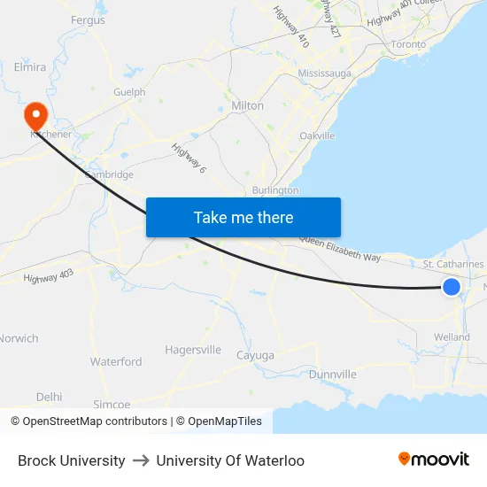 Brock University to University Of Waterloo map