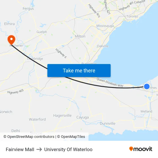 Fairview Mall to University Of Waterloo map