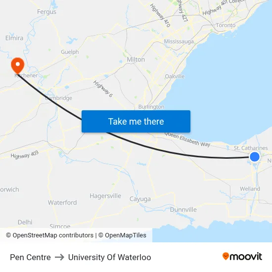 Pen Centre to University Of Waterloo map