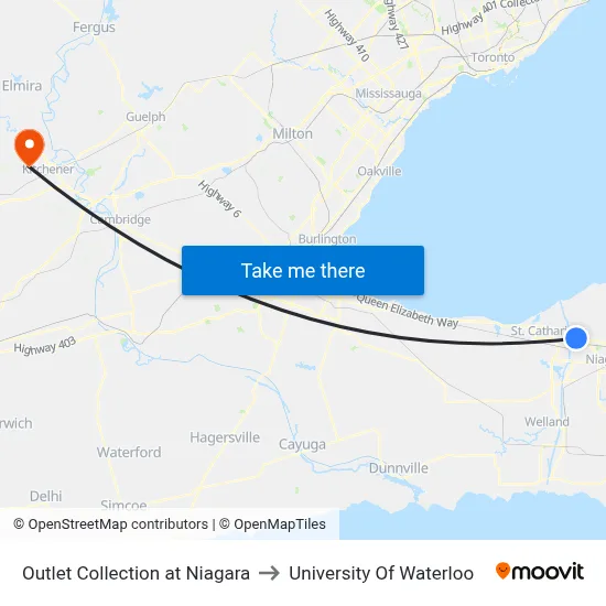 Outlet Collection at Niagara to University Of Waterloo map