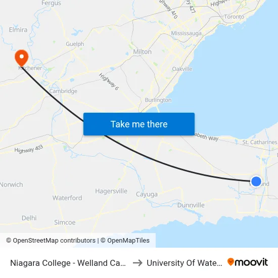 Niagara College - Welland Campus to University Of Waterloo map