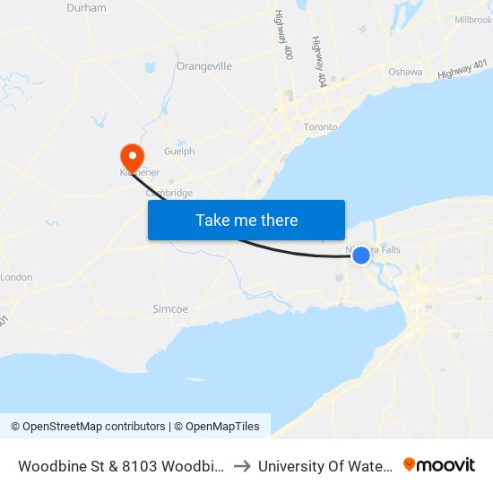 Woodbine St & 8103 Woodbine St to University Of Waterloo map